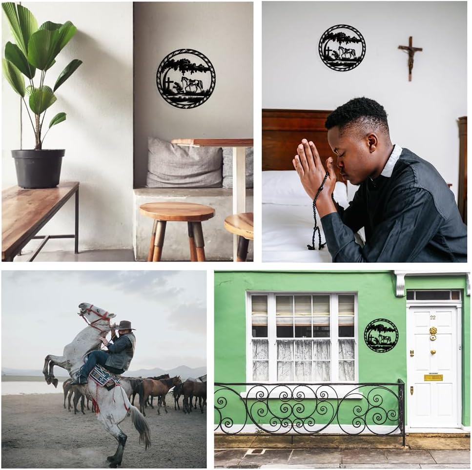 NBEADS Praying Cowboy Metal Wall Art Decor, Round Matte Black Wall Hanging Decor Silhouette Wall Art for Home Bedroom Living Room Bathroom Kitchen Office Hotel Wall Decoration, 11.5"(29.2cm)