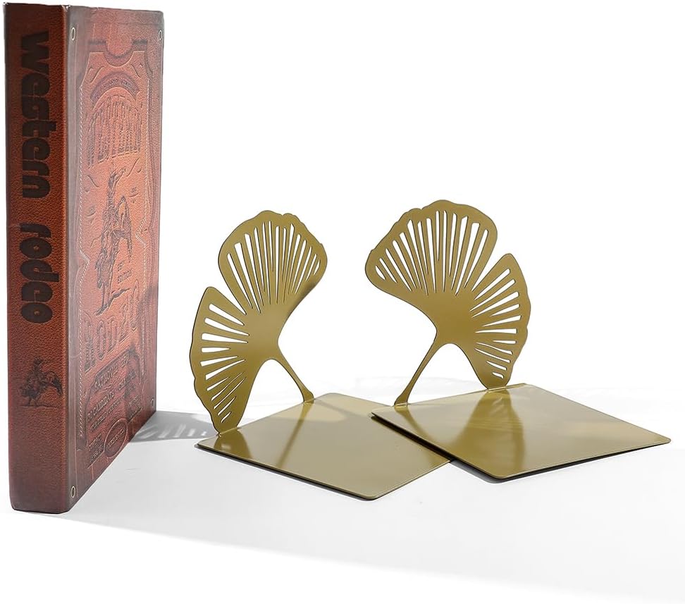 Ginkgo Leaf Metal Bookend, Botanical Leaf Veins Heavy Duty Book Stand