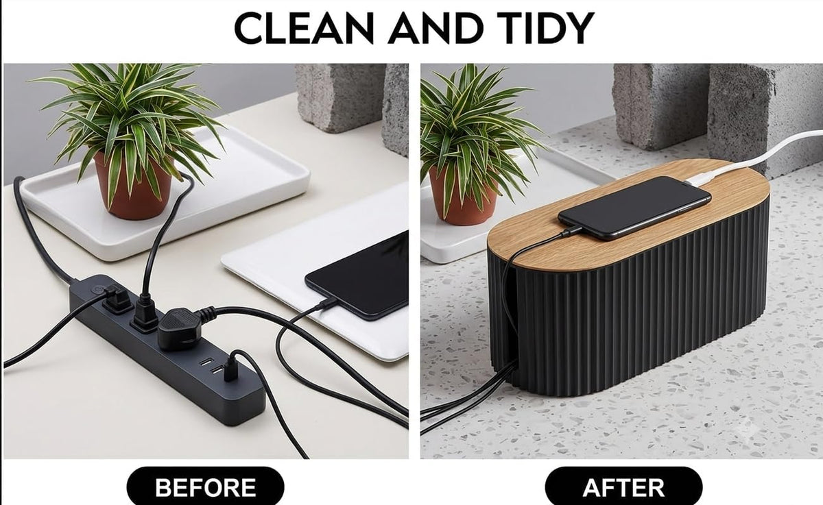 Cable Box Organizer - Bamboo Cable Management Box (13 x 5.12 x 4.3 in), Cord Hider Box for Power Strips and Desk Wire Management, Decorative Cable Organizer Box for Home and Office