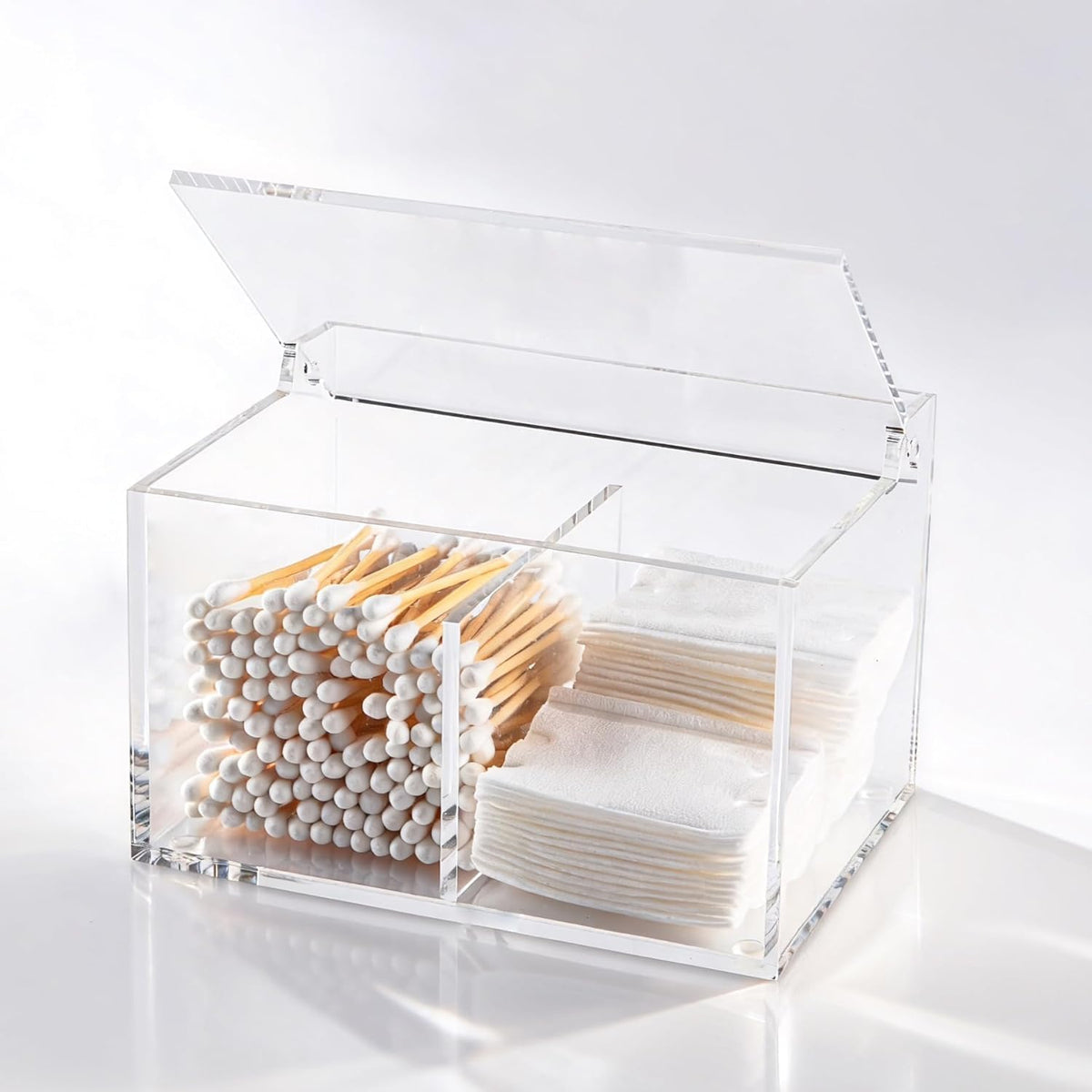 Clear Acrylic Qtip Holder Cotton Swab Ball Holder Qtip Organizer for Clean Skin Club Clean² Pads Cotton Pad and Swab Dispenser 2-Compartment with Flip-Top Lid, Bathroom Organizer