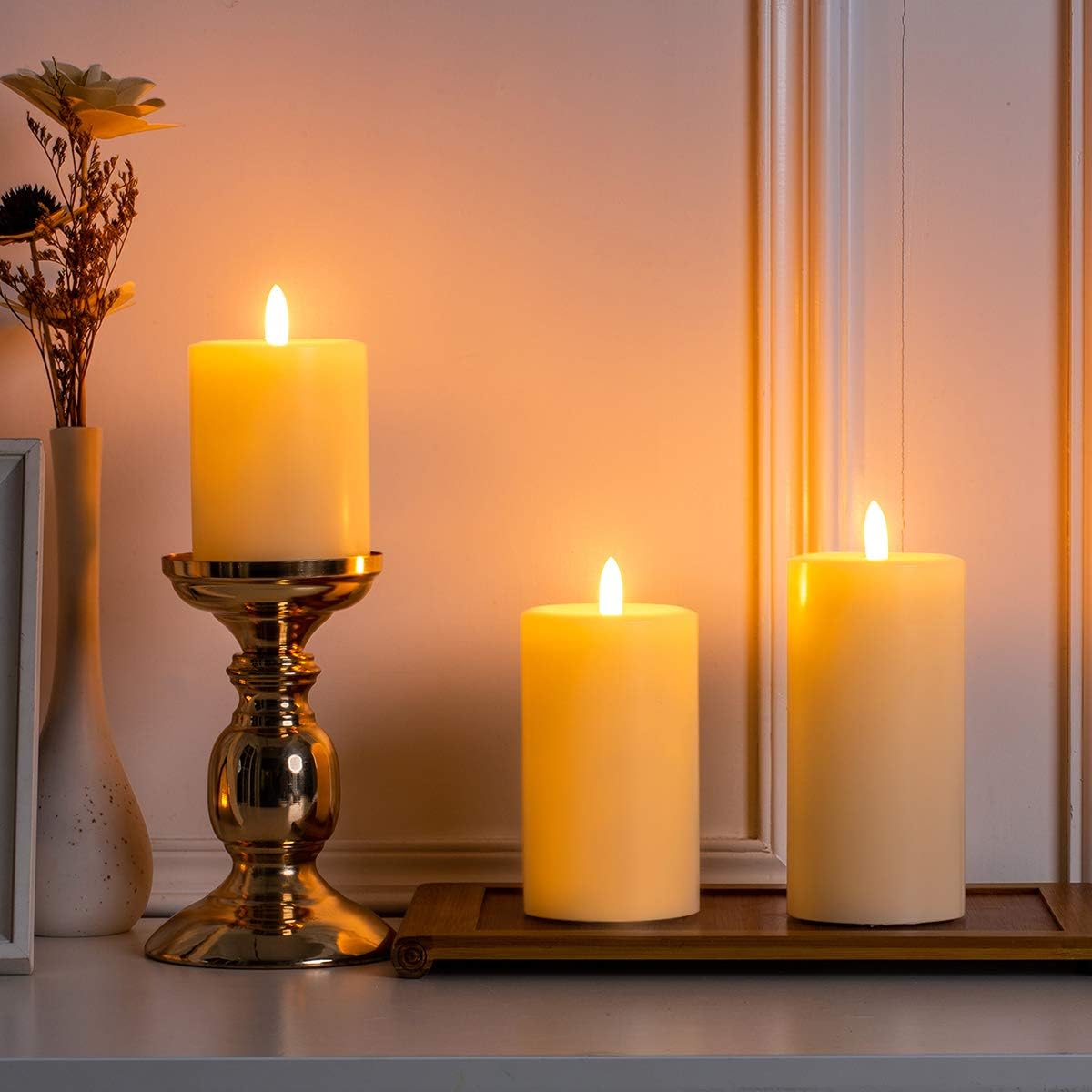 Flameless Candles Set of 3, Realistic Real Wax Top Flat 3D Wick Ivory Pillar Candles Set with Remote, Size D: 3'' x H: 4'' 5'' 6'', 2H 4H 6H 8H Timer, Flicker, Dimmer, Run by 2 AA Battery