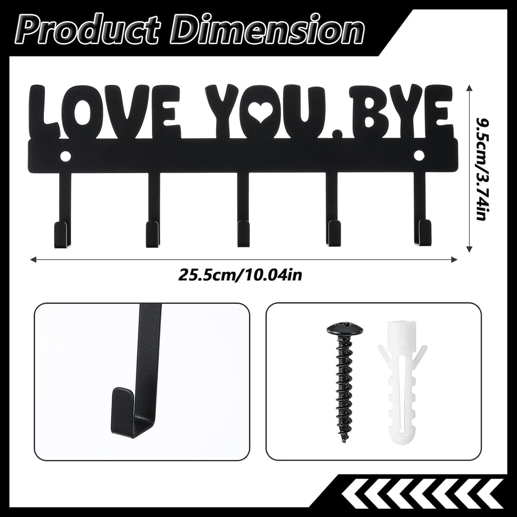 Key Holder Wall Mount, Large 'Love You.Bye' Entryway Organizer with 5 Hooks,Black Metal Key Hanger —No Drill Adhesive for Home Wall Decor