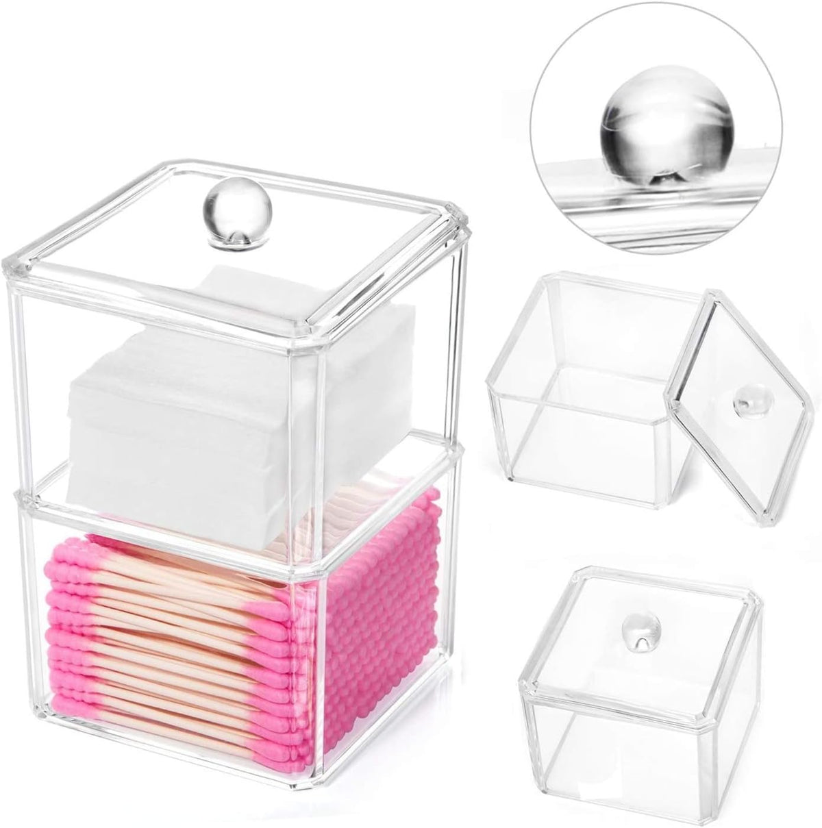 Square Acrylic Cotton Ball Pads Gauze Swab Holder Organizer Q-tip Dispenser Storage Canister Bathroom Container Flossers Box Case (3.5 x 3.5 x 5.3 inches, Two Tiers, Transparent)