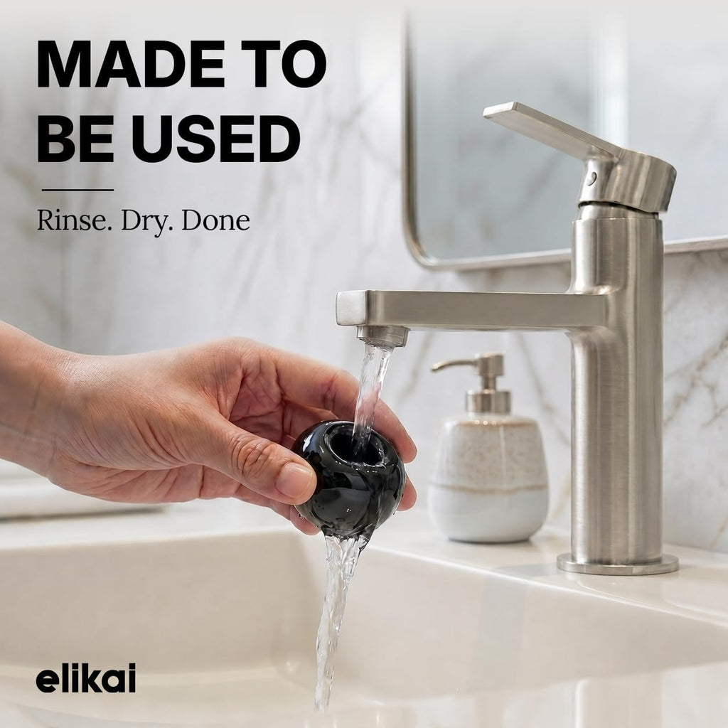 ELIKAI Ceramic Toothbrush Holders with Bathroom Tray, Countertop Organizer for Toothbrushes and Accessories, Hygienic Individual Holder Set (Black & White, 2 Pack)