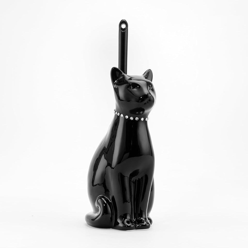 Cat Toilet Brush Holder with 2 Brushes, Ceramic Feline Design Wide-Mouth Storage, Black Toilet Brush Set Freestanding for Bathroom Floor, Easy-Clean Decorative Cat Lover Gift (Black)