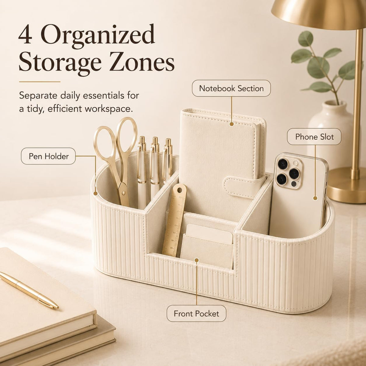 KINGFOM Faux Leather Desk Organizer, Office Desk Accessories Organizer with 4 Compartments, Modern Vanity Organizer for Pens, Makeup Brushes, Office Supplies, Remote Controls, Desk Decor for Home