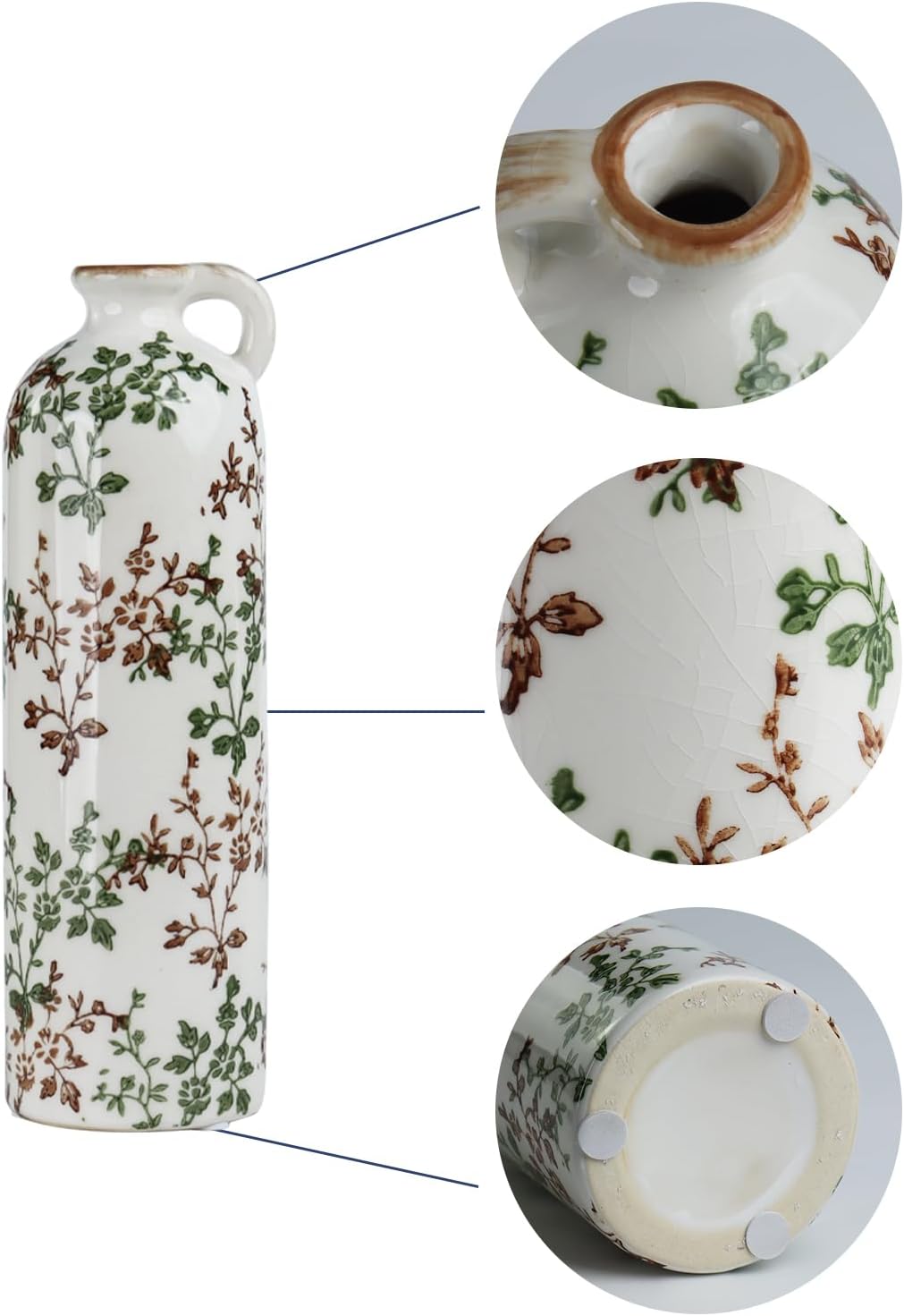 Green Floral Vase Set of 3 with Handles, Vintage Ceramic Jugs for Decor