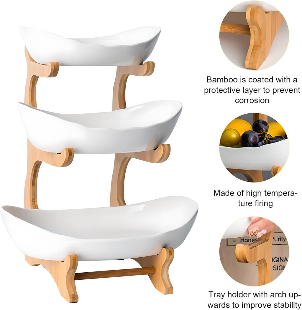 jessie 3 Tier Fruit Bowl Ceramic with Wooden Stand Fruit Bowl for Kitchen Counter for Storage Vegetable Fruit Cup Cake Dessert, White