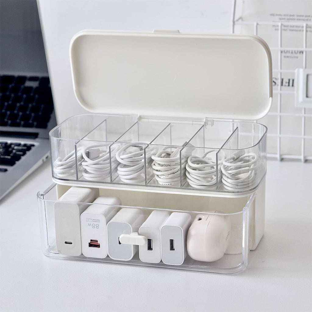 Cord Organizer Box with Lid, Stackable Cable & Charger Organizer, Clear Cable Management Box with 6 Compartment for Office, Desk, Drawer