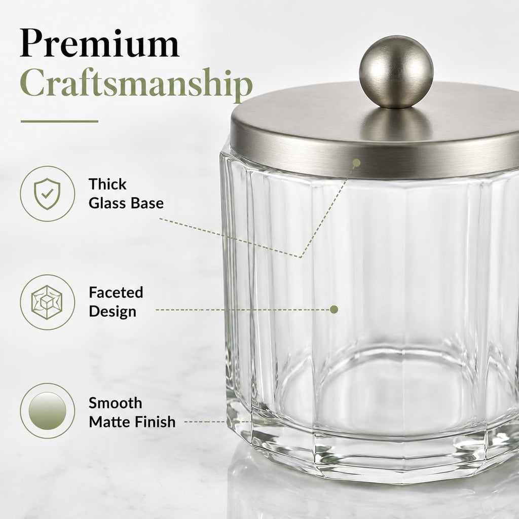 Clear Transparent Apothecary Octagional Shaped Glass Canister Jar With Satin Nickel Metal Lid Cover for Bathroom Organization, Cotton Balls, Q Tips, and Small Accessories, Bath Storage
