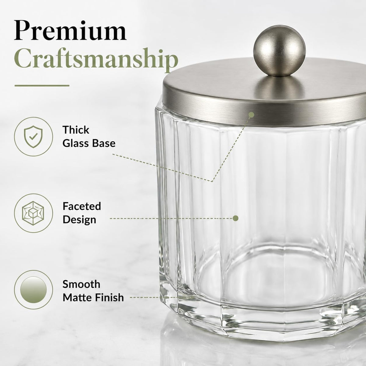 Clear Transparent Apothecary Octagional Shaped Glass Canister Jar With Satin Nickel Metal Lid Cover for Bathroom Organization, Cotton Balls, Q Tips, and Small Accessories, Bath Storage