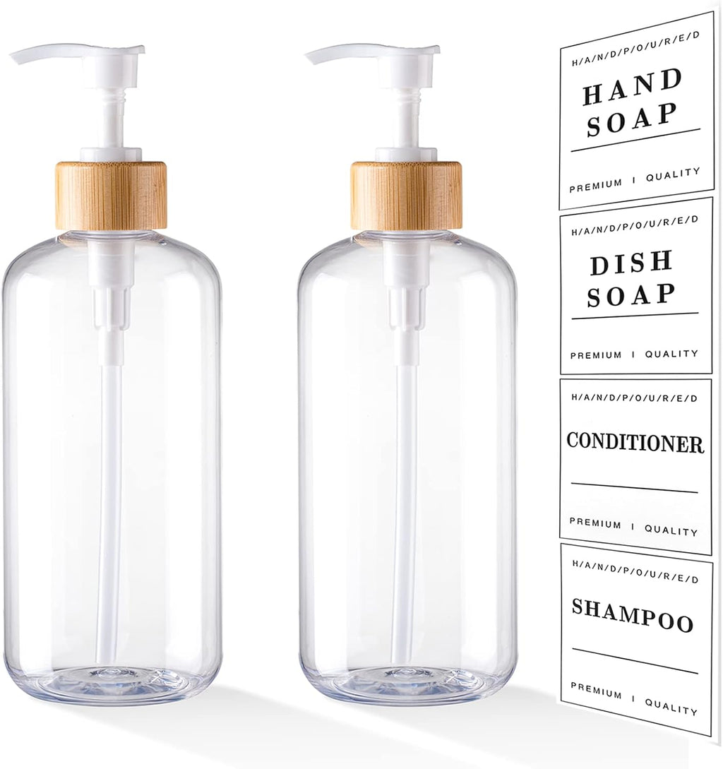 Clear Plastic Soap Dispenser Set - 16oz Refillable for Kitchen, Bathroom Shampoo & Conditioner