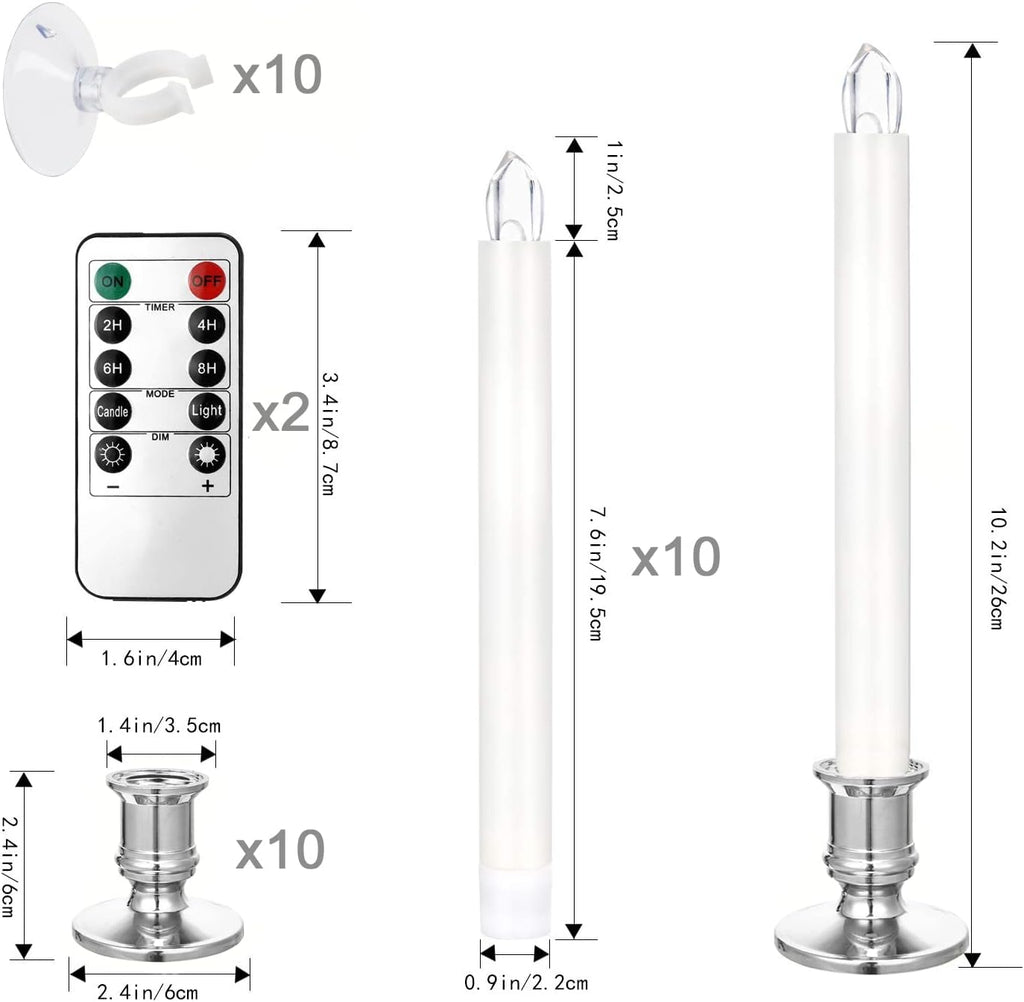 YAUNGEL Window Candles, 10 Pack LED Battery Operated Christmas Candles for Windows with Remote Electric Candle Lights with Removable Candle Holders Suction Cups for Christmas Decorations, Silver