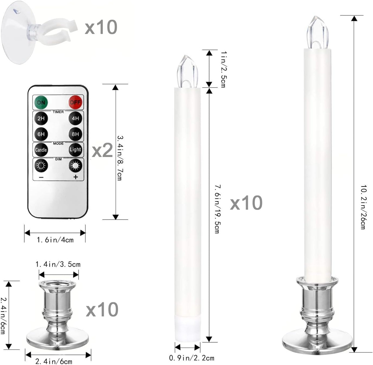YAUNGEL Window Candles, 10 Pack LED Battery Operated Christmas Candles for Windows with Remote Electric Candle Lights with Removable Candle Holders Suction Cups for Christmas Decorations, Silver