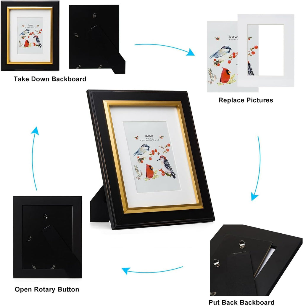 8x10 Black Wood Picture Frame with Real Glass, Gold Inner Border, Matted to 5x7, Vertical and Horizontal for Tabletop or Wall Hanging