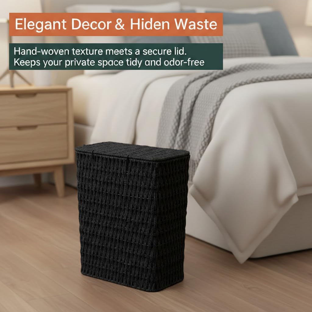 Coeusy 3 Gallon Paper Rope Bathroom Trash Can,Small Wicker Trash Cans with Lid and Liner,Woven Rattan Narrow Waste Basket for Bedroom,Office,Black