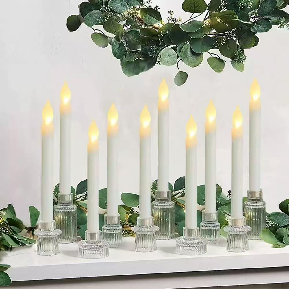 6 Pcs Plastic Flameless Taper Candles with Remote Timer Dimmer, 8.5 inches Taper Candles Battery Operated, Plastic LED with Flickering Flame for Halloween Christmas Church Wedding (Warm White)