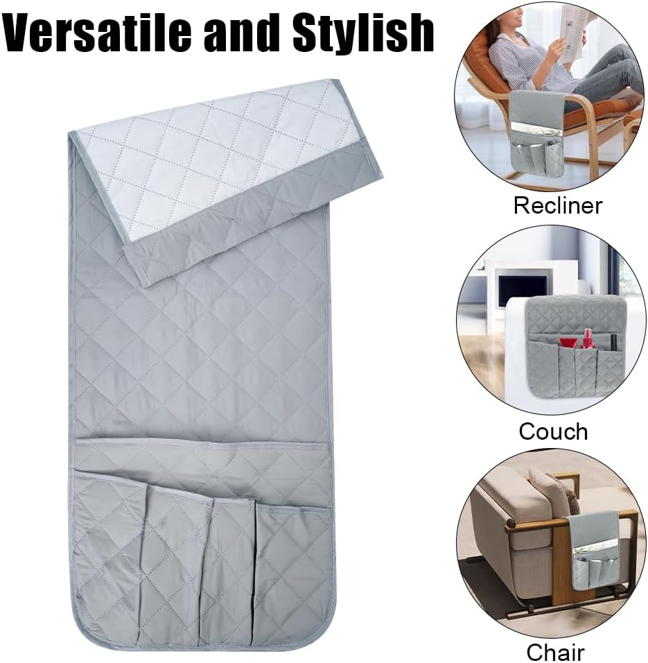 RETON Sofa Armrest Organizer 5 Pockets & 8 Hook‑and‑Loop Fasteners (Gray)