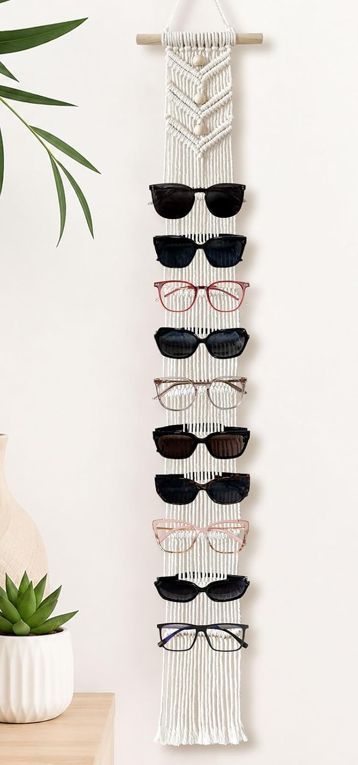 Macrame Sunglasses Holder for Wall, Boho Eyeglasses Organizer Holds Up to 10 Pairs, Handwoven Cotton Rope Glasses Display Rack with Wood Rod, Space-Saving Sunglass Storage for Bedroom Closet Entryway