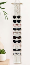 Macrame Sunglasses Holder for Wall, Boho Eyeglasses Organizer Holds Up to 10 Pairs, Handwoven Cotton Rope Glasses Display Rack with Wood Rod, Space-Saving Sunglass Storage for Bedroom Closet Entryway