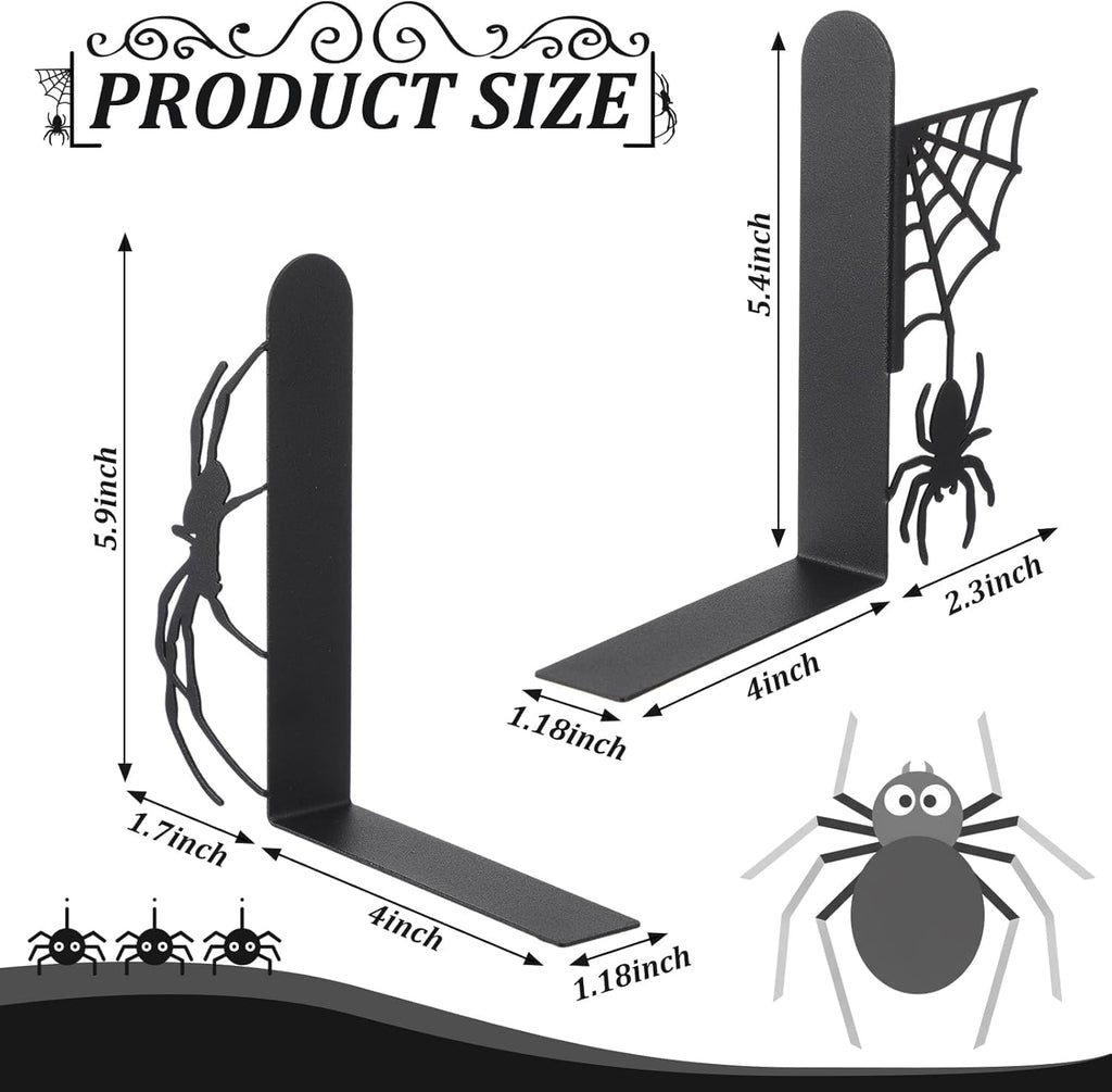 Spider Metal Bookends Set of 2 Stylish Gothic Design Black Spider and Web Bookends for Shelves Office Desk Home Decor Book Lovers Gift Reading Enthusiasts