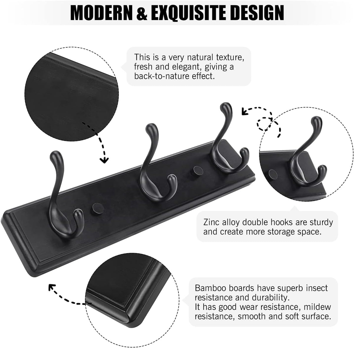 Badiano Heavy Duty Wooden Coat Rack, Wall-Mounted Organizer, 14 Inch, Black