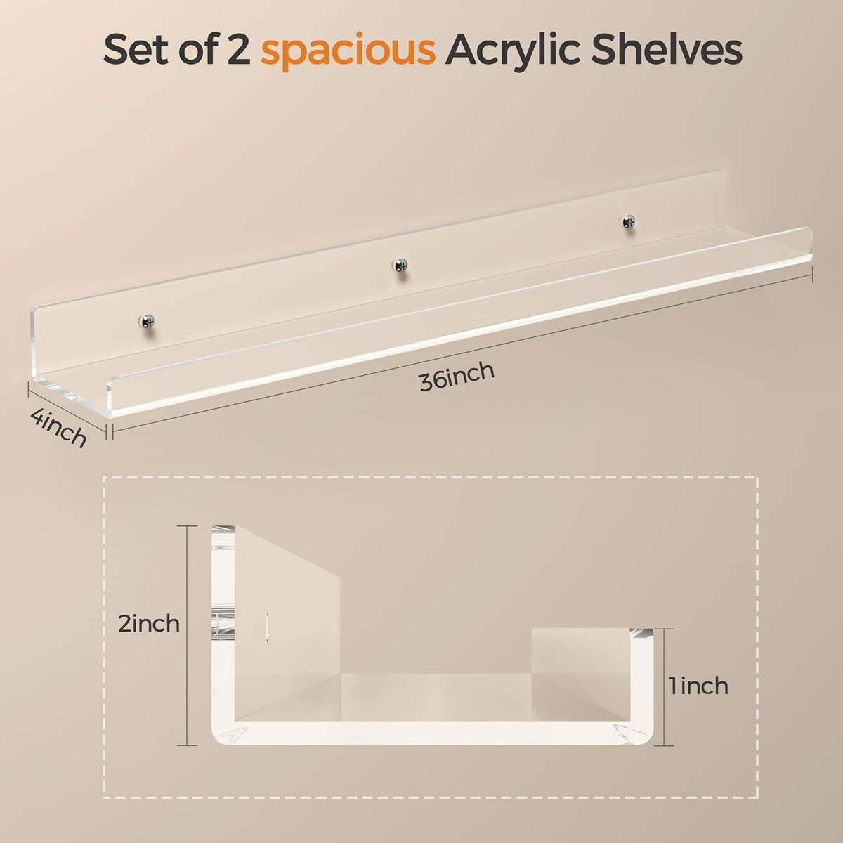 36 Inches Clear Acrylic Floating Shelves Wall, Bookshelf for Kids, Nursery Book Shelves, Magazine Rack, Picture Ledge Shelf for Photo Frames Vinyl Records, Pack of 3