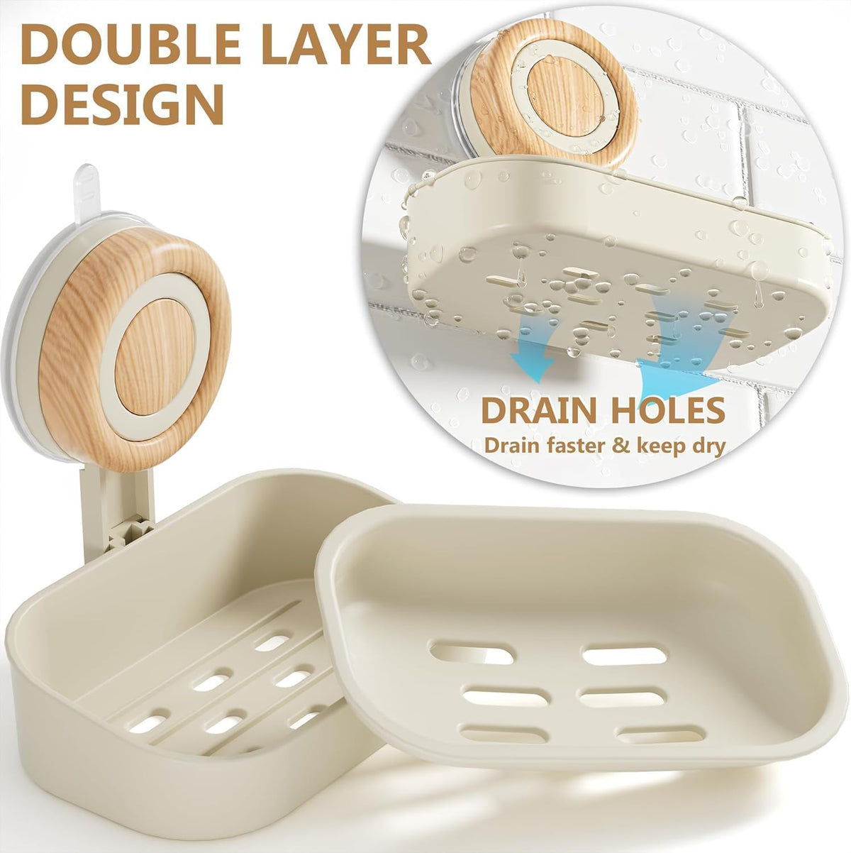 Double Layer Soap Dish for Shower 2 Pack, Wall Mounted Bar Soap Holder Suction Cup 2 Layer Self Draining Soap Case Sponge Holder for Shower Bathroom, Tub and Kitchen Sink, Drill-Free Tray