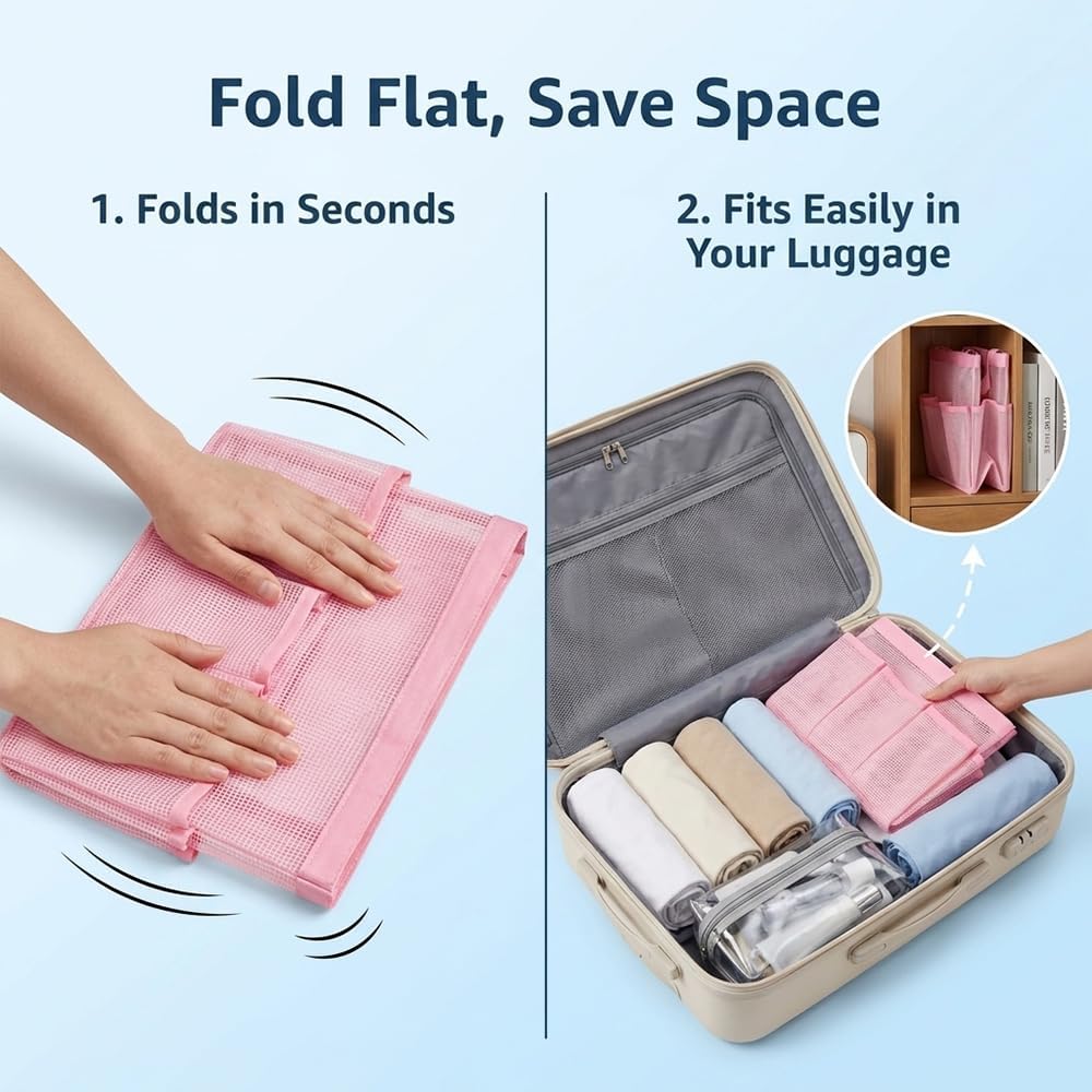 Mesh Shower Caddy Portable for College Dorm Room Essentials, Large Foldable Camp Travel Shower Bag with 9 Pockets, Quick Dry Bathroom Toiletry Tote Bag for Beach Swimming Gym Women Girl (Pink)