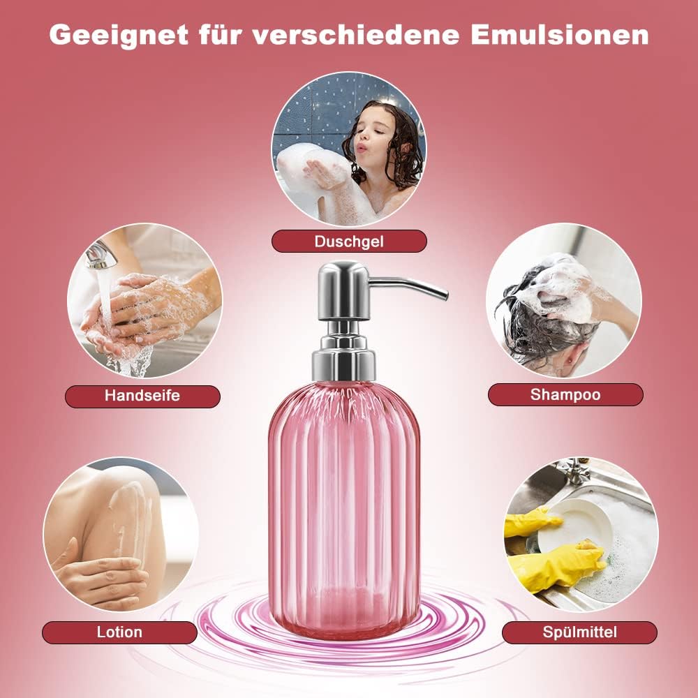 14 Oz Glass Soap Dispenser with 304 Rust Proof Stainless Steel Pump, Refillable Hand Liquid Soap Dispenser for Bathroom, Kitchen, Countertop, Laundry Room (Pink)