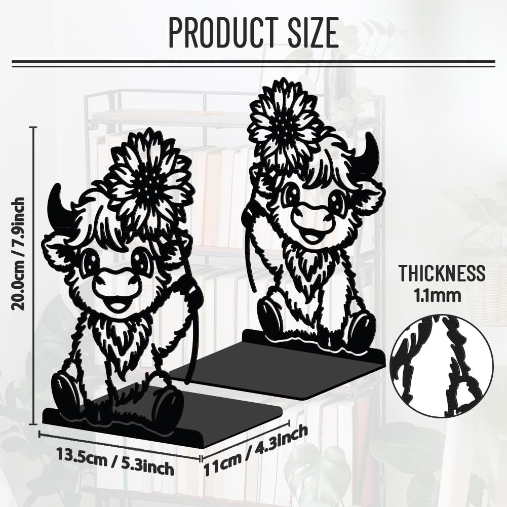 WADORN 1 Pair Metal Bookends, Highland Cow Design Heavy Duty Book Ends