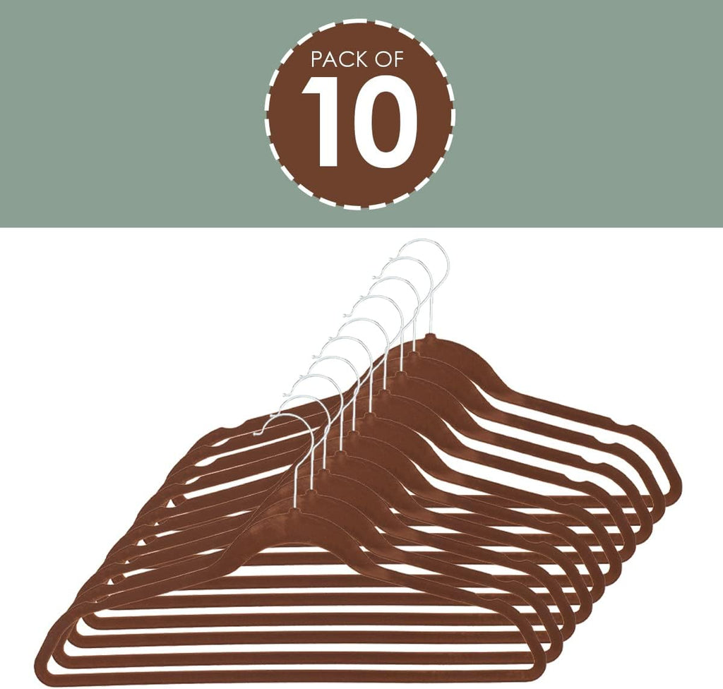 Velvet Clothes Hangers (Pack of 10), Brown, by Home Basics | Felt Hangers for Tops, Jackets, Dresses, and Pants | Contoured Hangers with Notches | Ultra-Thin Space Saving Clothes Hangers
