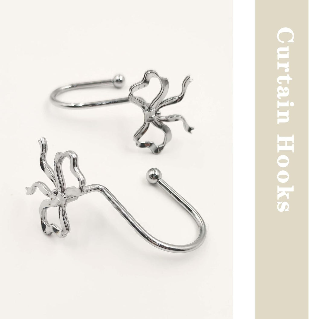 Silver Bow Shower Curtain Hooks, 12 Pack Coquette Bathroom Decor, Decorative Metal Rust Proof Shower Curtain Rings for Modern Feminine & Elegant Bathroom Aesthetic