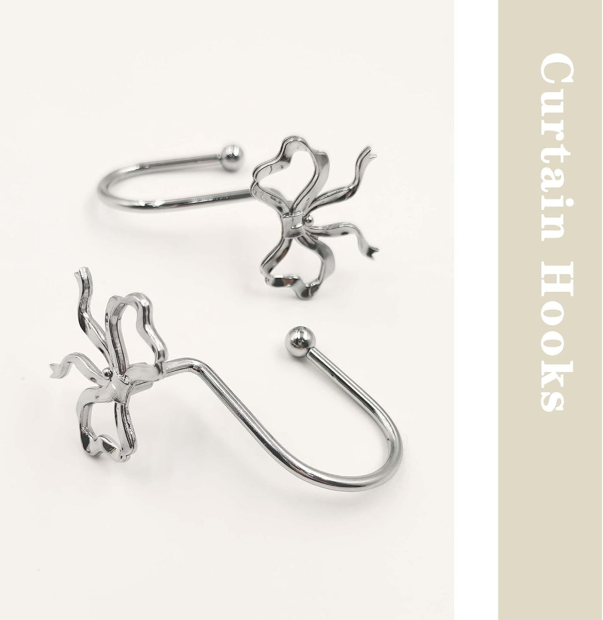 Silver Bow Shower Curtain Hooks, 12 Pack Coquette Bathroom Decor, Decorative Metal Rust Proof Shower Curtain Rings for Modern Feminine & Elegant Bathroom Aesthetic
