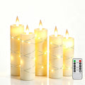 Da by 5 Pack Ivory Real Wax Flameless Taper Candles, Lifelike Flickering LED Flame Candles with Surrounding Fairy String Lights, Battery Candles with Remote for Home Wedding Holiday Decor