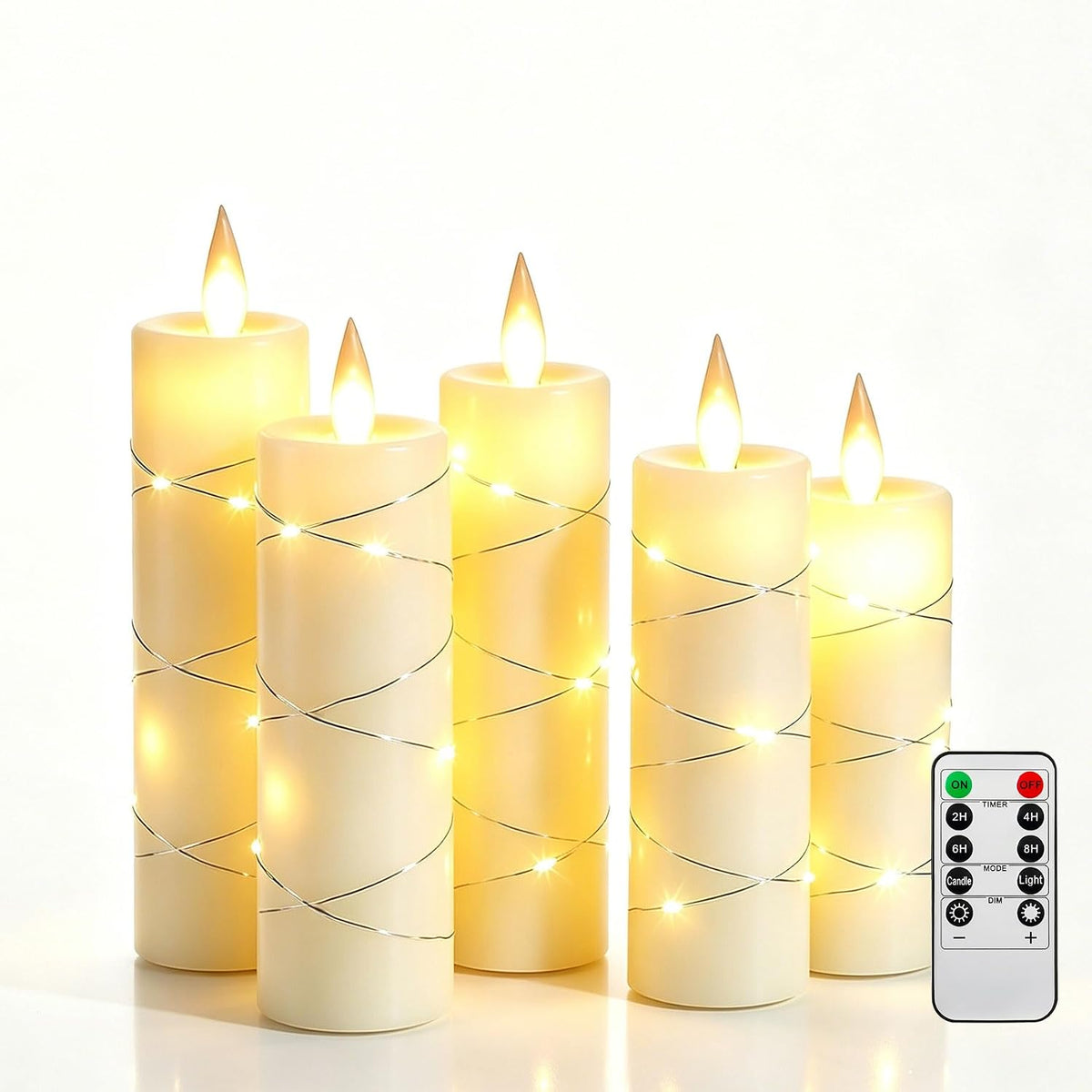 Da by 5 Pack Ivory Real Wax Flameless Taper Candles, Lifelike Flickering LED Flame Candles with Surrounding Fairy String Lights, Battery Candles with Remote for Home Wedding Holiday Decor
