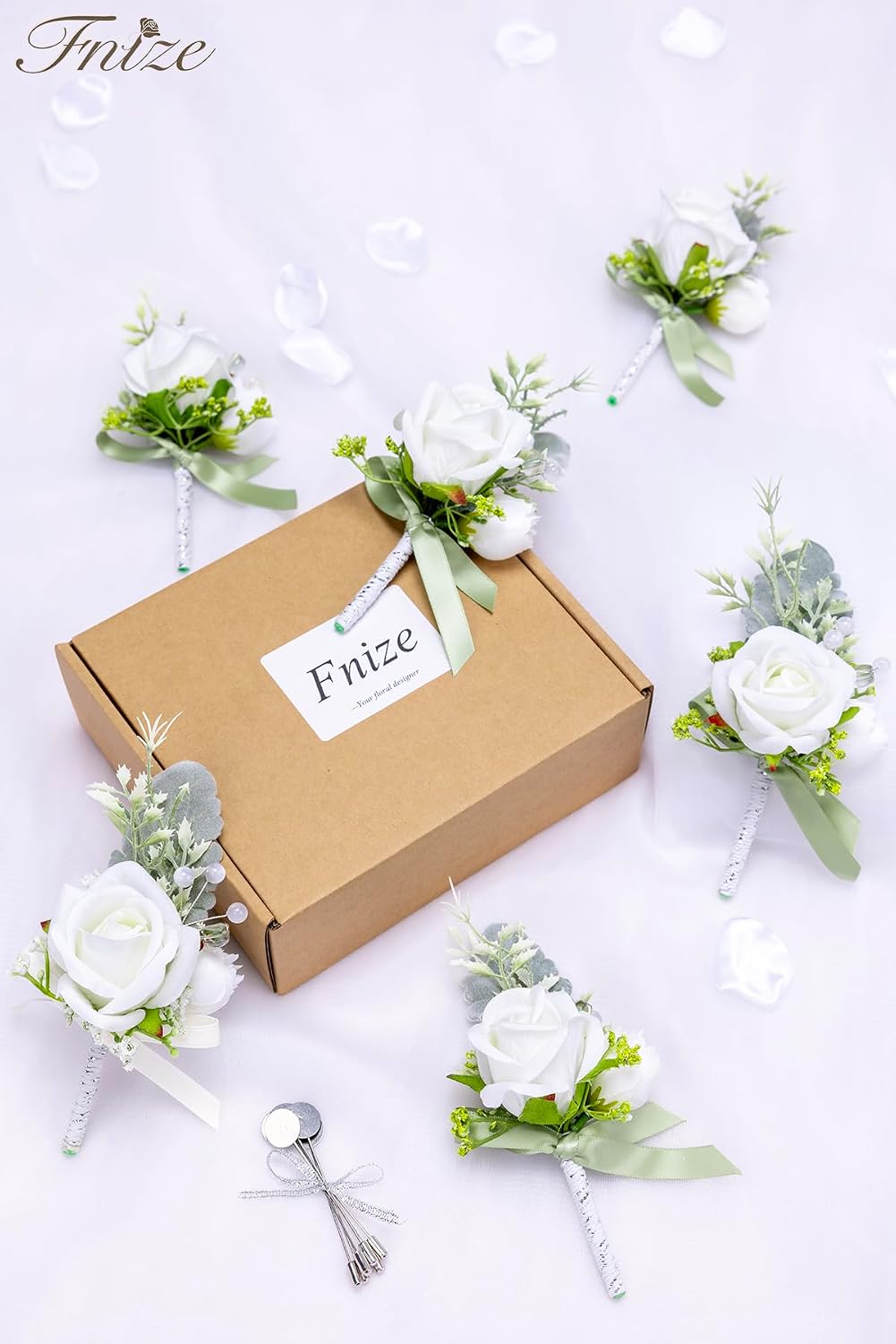 Fnize White Boutonniere for Men Set of 6 Groom Groomsmen Wedding Flower