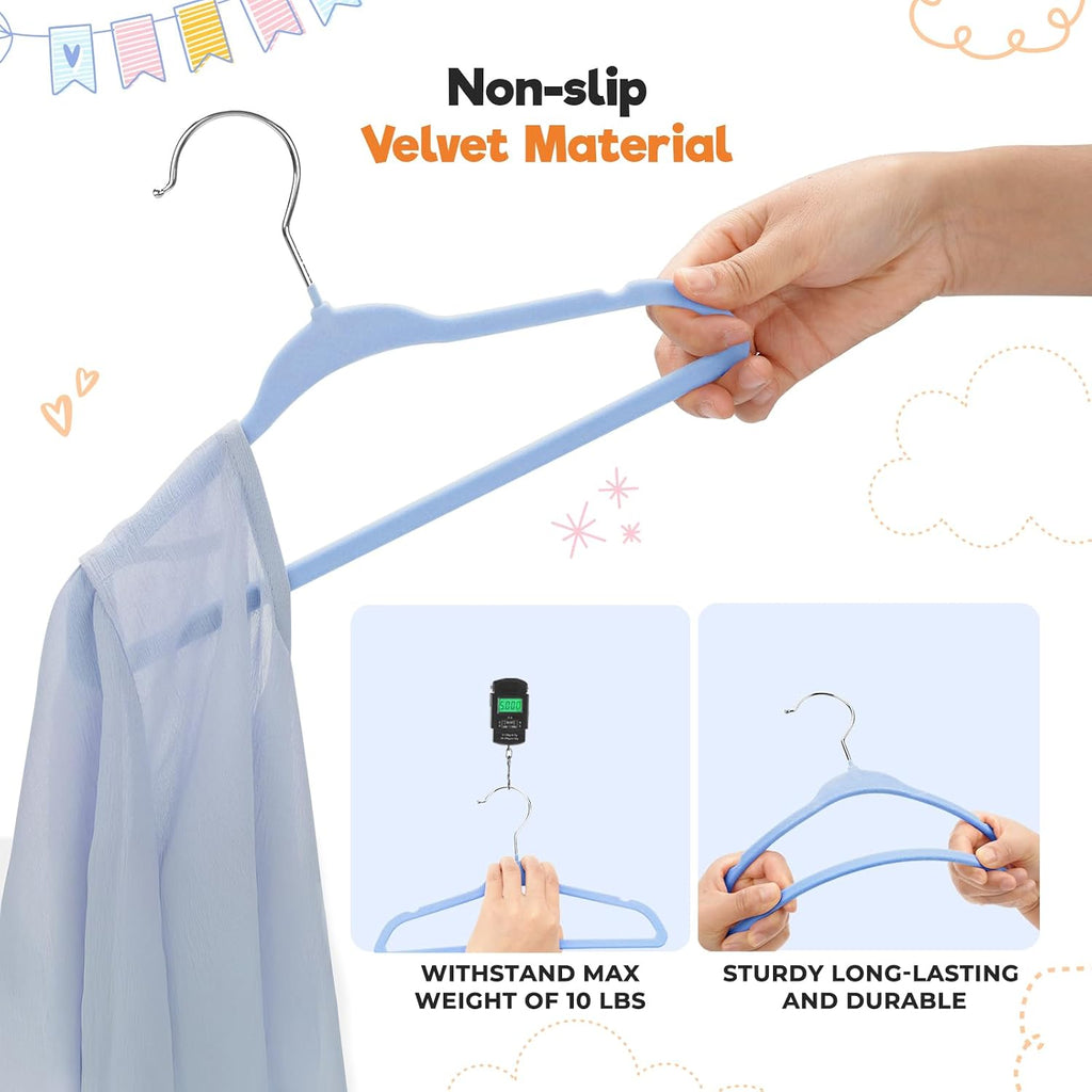 Babyrish Velvet Baby Hangers with 10x Clips and 8X Dividers (30 Pack) | 11” Ultra-Slim Baby Clothes Hangers | Non-Slip Felt | Space-Saving Nursery & Infant Closet Organizer | Blue