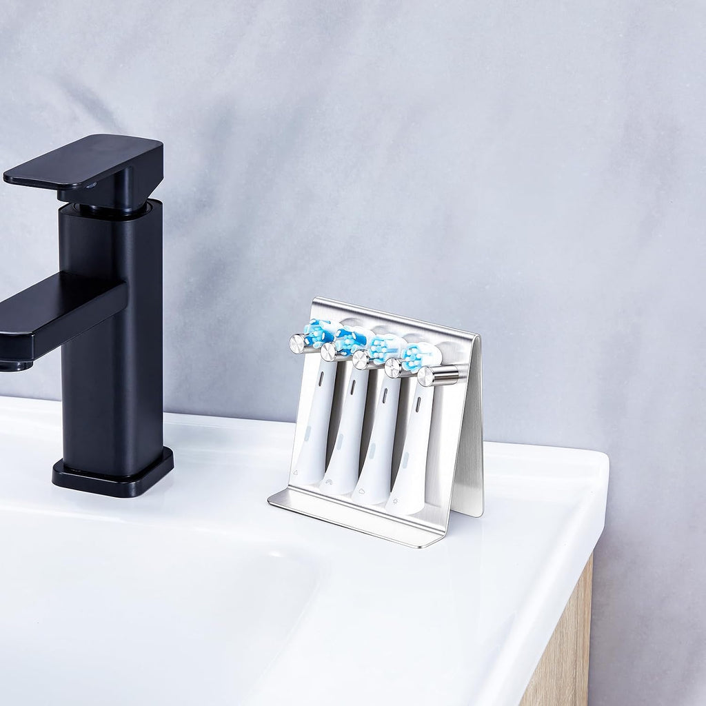 Electric Toothbrush Head Holder, Self Adhesive or Desktop Tooth Brushing Holder, Wall Mounted Toothbrush Holders Shower Bathroom, Tooth Brush Holder Organiser (Silver, Medium)
