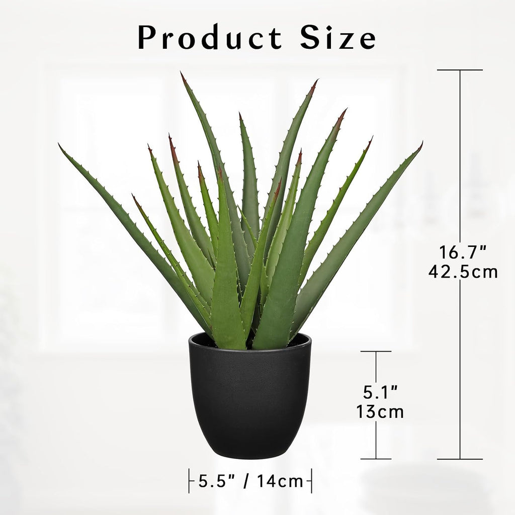GnFlus Large Fake Succulent Aloe Vera Plants 16.7 Inch Artificial Succulents with Black Pot Faux Aloe Potted Plant for Desk Modern Home Office Bedroom Living Room Table Shelf Decor