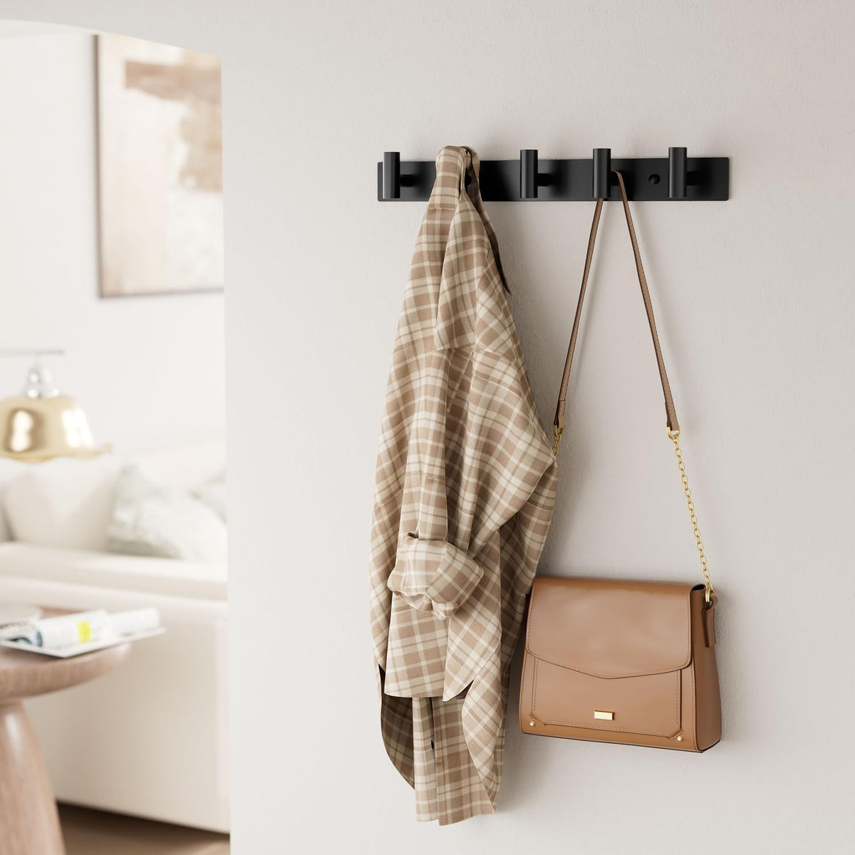 Black Wall Mounted Coat Rack – 5 T-Shaped Hooks on 16.5" Rail, (1 Pack)