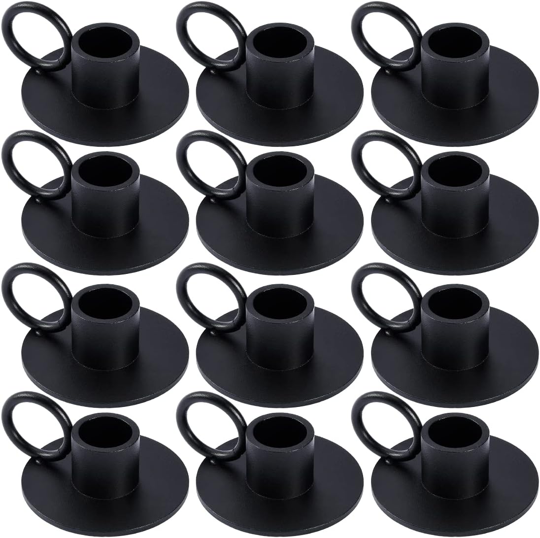 12PCS Black Iron Taper Candle Holders with Round Handle, Table Centerpiece