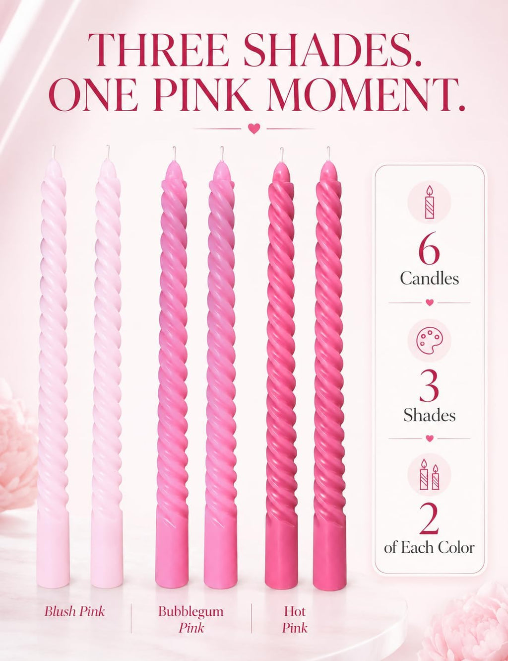 10 Inch Gradient Hot-Pink Spiral Taper Candle Set, 6 Pack Unscented Dripless Candlesticks for Wedding, Holiday Décor, and Festive Dinners