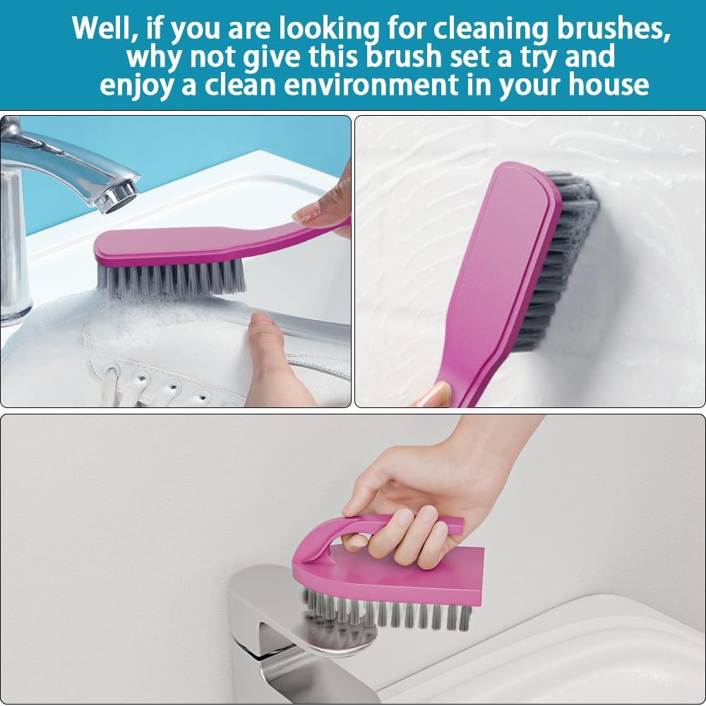 6 PCS Cleaning Brush, Scrub Brush Set for Kitchen and Bathroom Household Use with Various Brushes for Cleaning Dishes, Tiles, Corners and Floors Color Purple