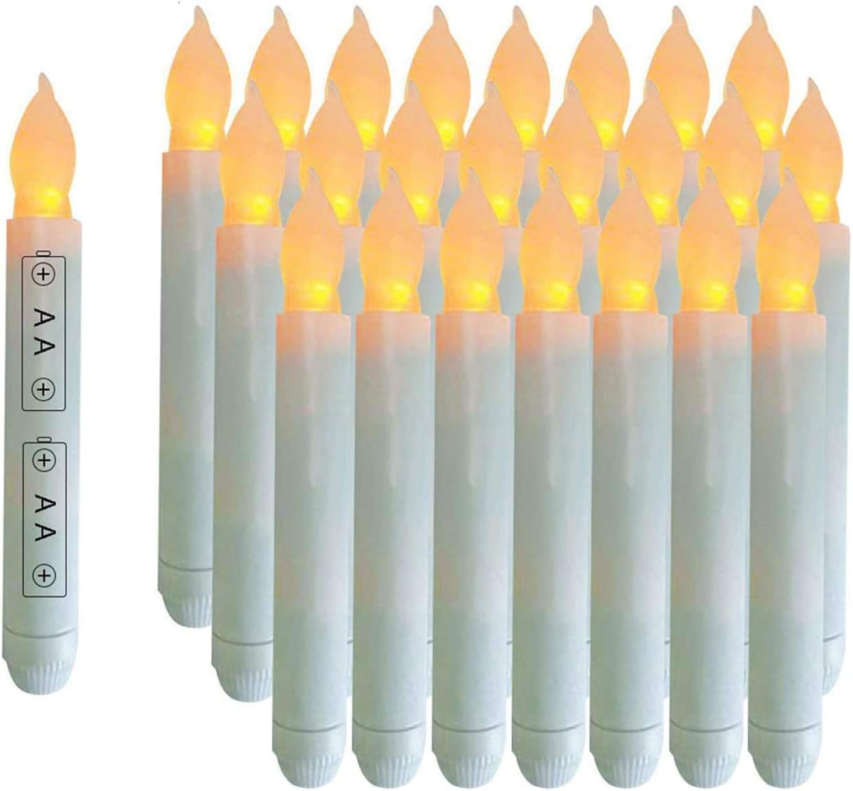 Pack of 24 Flameless Taper LED Candles - Battery Operated Flickering Ivory - Perfect for Wedding, Christmas, Parties - 6.5 Inch - White Plastic