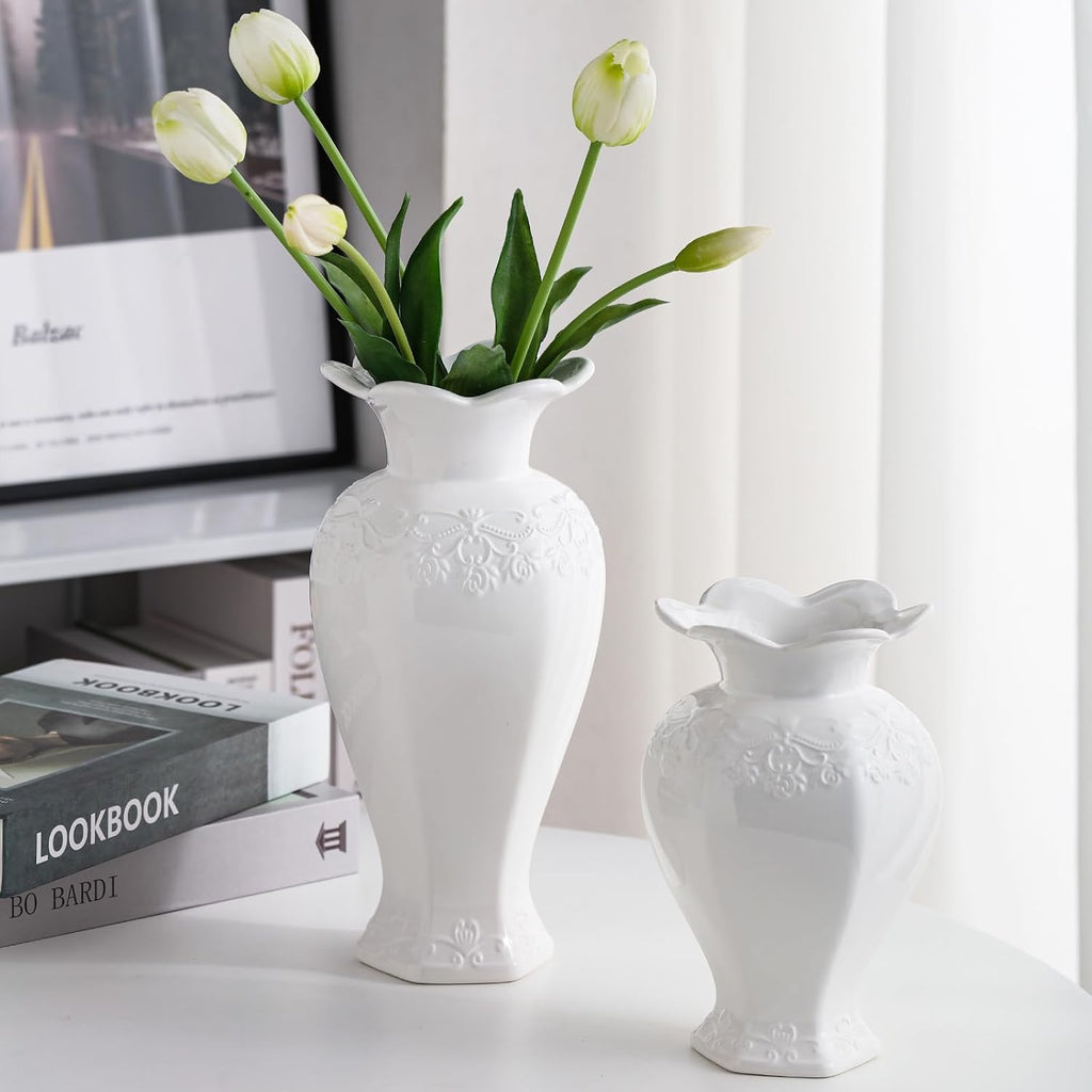 Relievo Elegant White Cream 8in 11in Ceramic Flower Tall Aesthetic Beige Table Tulip Wide Mouth Rose Filler Decorative Rustic Vase Decor for Home (White Vase, M)