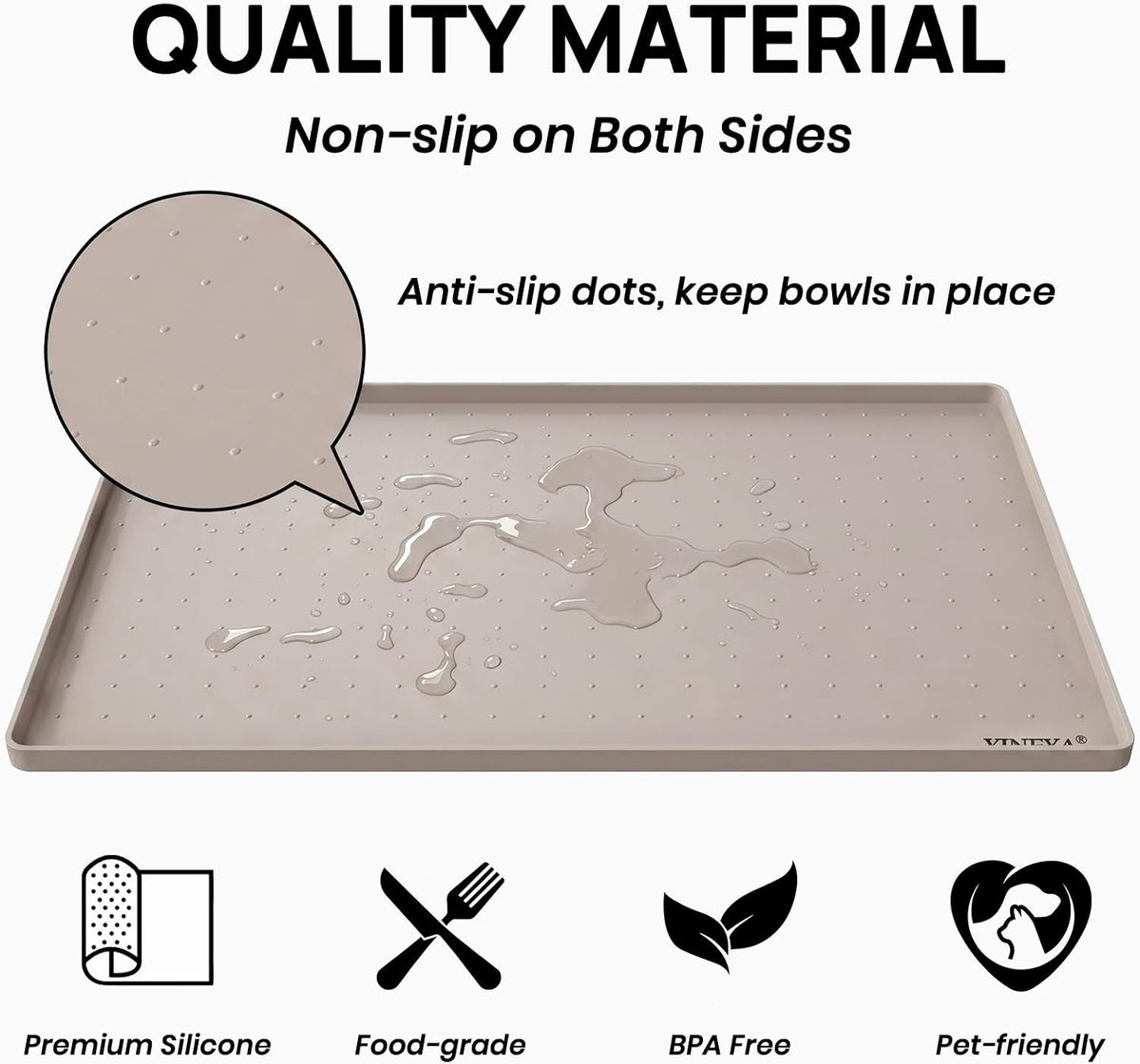 YINEYA 22" x 14" Silicone Dog Food Mat Waterproof, 0.6" Raised Edge(Taupe)