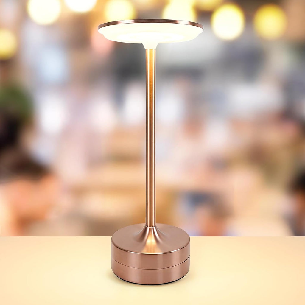 Small Table Lamp, Portable Metal Table Lamp, Cordless Rechargeable Table Lamp , 3 Color Stepless Dimmable Atmosphere Table Lamps for Patio, Camping, Coffee table decor lamp for Indoor/Outdoo(Rose)