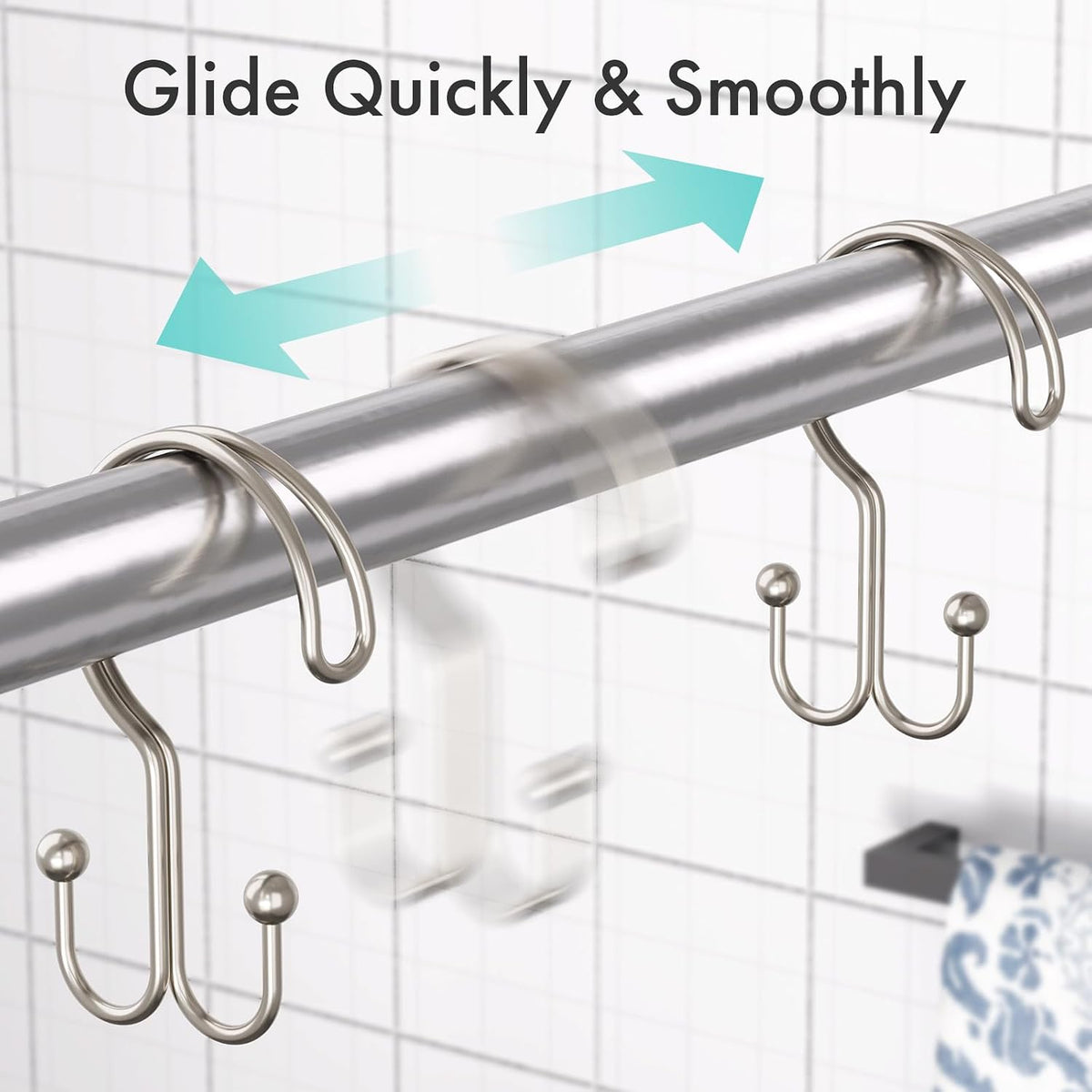 Bathway Nickel Shower Curtain Hooks Ring, 12 Pcs Double Sided Shower Hooks, Rust Proof Metal Shower Hooks for Bathroom, Anti-Drop Shower Rings for Shower Curtain & Liners