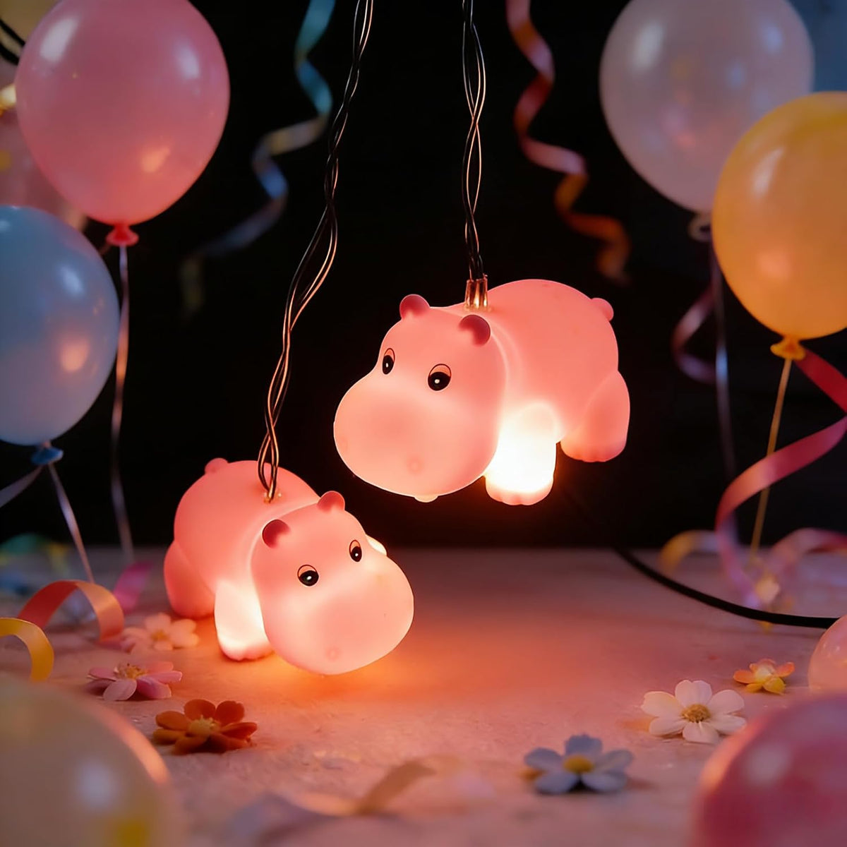 Cute Pink Hippo String Lights, 4.9Ft/1.5M, 10 LED, Battery Operated